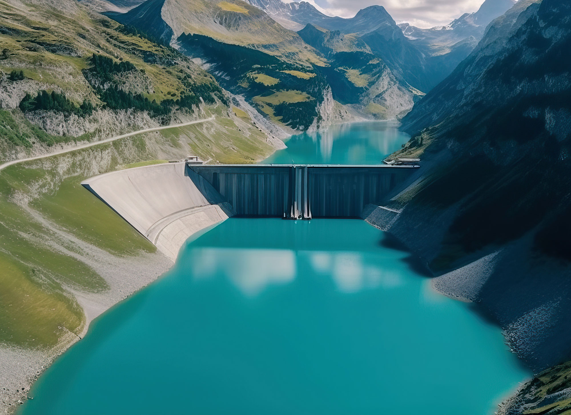 Water dam and reservoir lake in Swiss Alps mountains producing sustainable hydropower, hydroelectricity