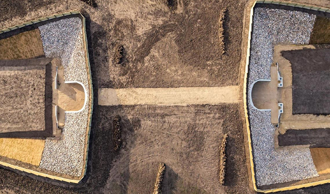 An aerial view of a construction site for the Rail Baltica Project