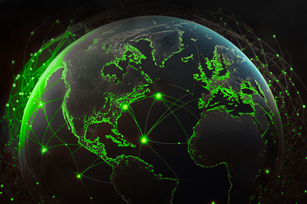 Connection lines around the Earth's surface, future technology backdrop with circles and lines.
