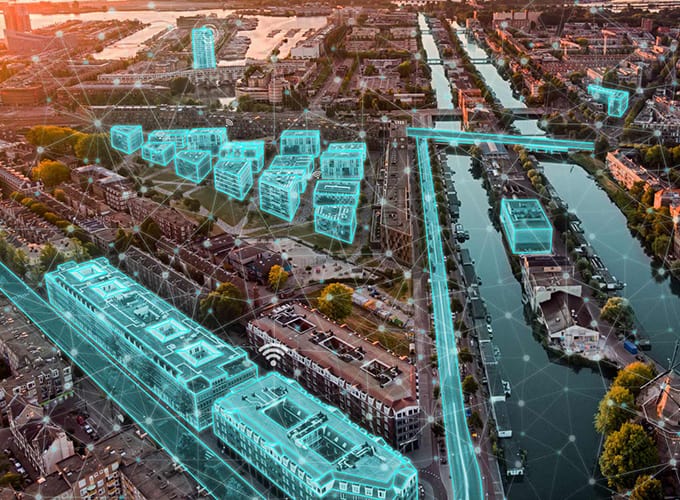 City view landscape and computer generated digital plan overlay