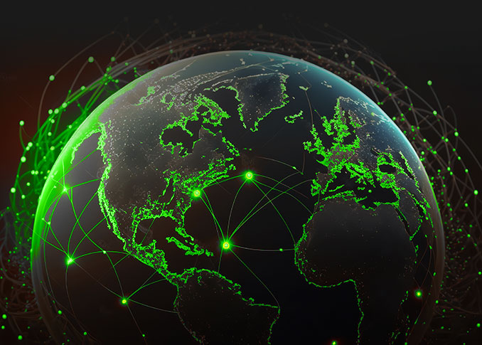 Connection lines around the Earth's surface, future technology backdrop with circles and lines.