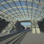A 3d model of a train station with a glass roof.