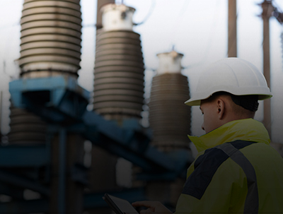A man in a hard hat looking at a tablet.