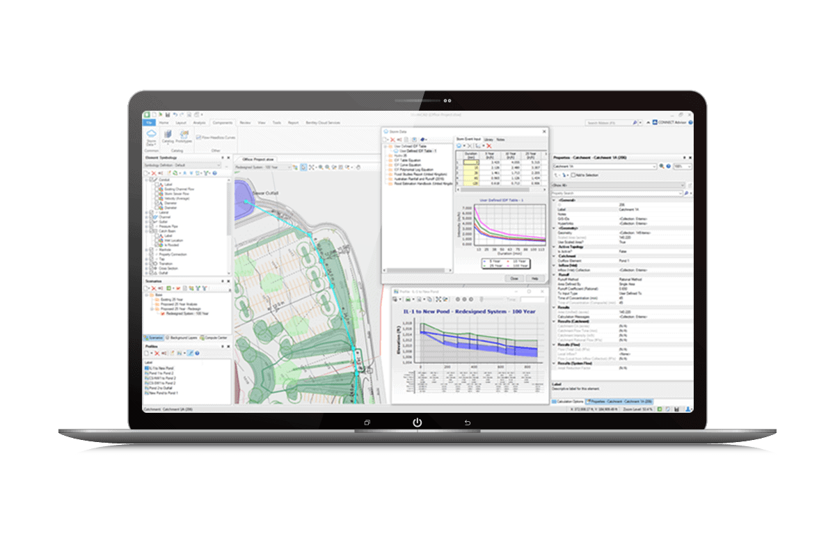 OpenFlows CivilStorm Computer Software Screen Mockup