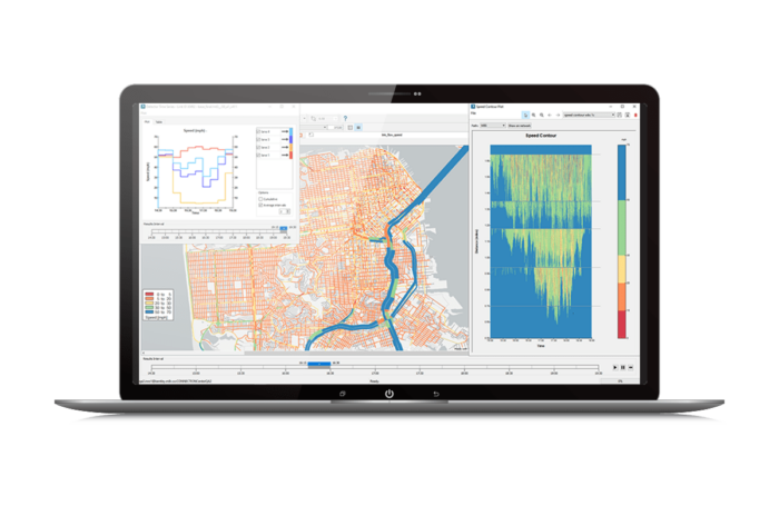 A laptop displaying a geographic information system (GIS) interface with maps, graphs, and data visualizations. | Bentley Systems | Infrastructure Engineering Software Company A laptop displaying a geographic information system (GIS) interface with maps, graphs, and data visualizations.