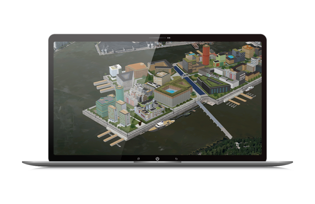 a 3d rendering of Helsinki using iTwin Experience inside of a computer screen