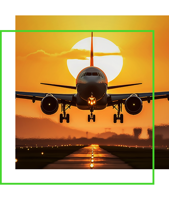 A large jetliner taking off from an airport runway at sunset or dawn with the landing gear down and the landing gear down, as the plane is about to take off | Bentley Systems | Infrastructure Engineering Software Company A large jetliner taking off from an airport runway at sunset or dawn with the landing gear down and the landing gear down, as the plane is about to take off