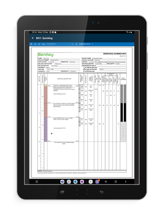 A tablet displaying a borehole log report labeled "Bentley," showing detailed geological data and layers. The tablet screen includes app indicators at the top and bottom of the display.