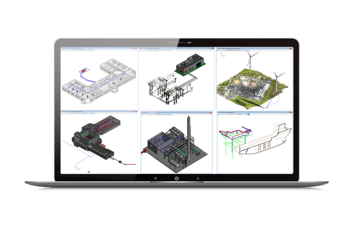 Computer screen of Bentley Raceway and Cable Management showing six different 3D models on one screen