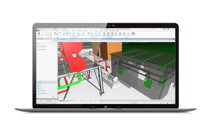 Computer screen of OpenPlant Modeler showing 3D model of a plant