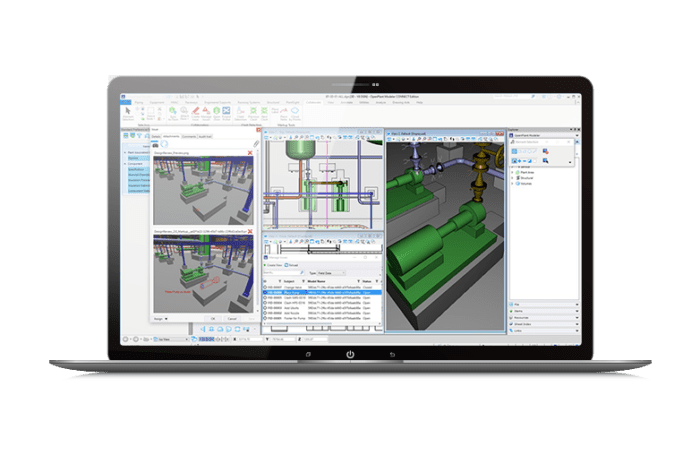 Computer screen of OpenPlant Modeler showing 3D model of green pump