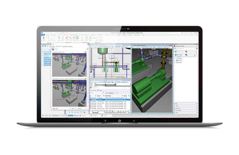 Computer screen of OpenPlant Modeler showing 3D model of green pump