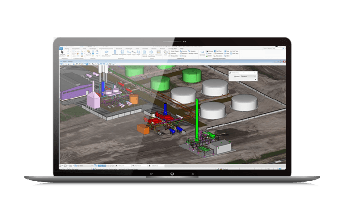 Computer screen of OpenPlant Support Engineering showing exterior view of 3D plant model