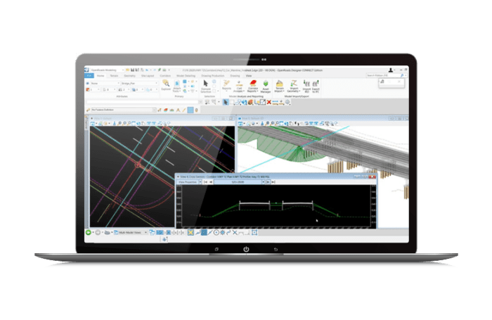 OpenRoads Designer uses immersive corridor modeling capabilities that support complex modeling on a laptop
