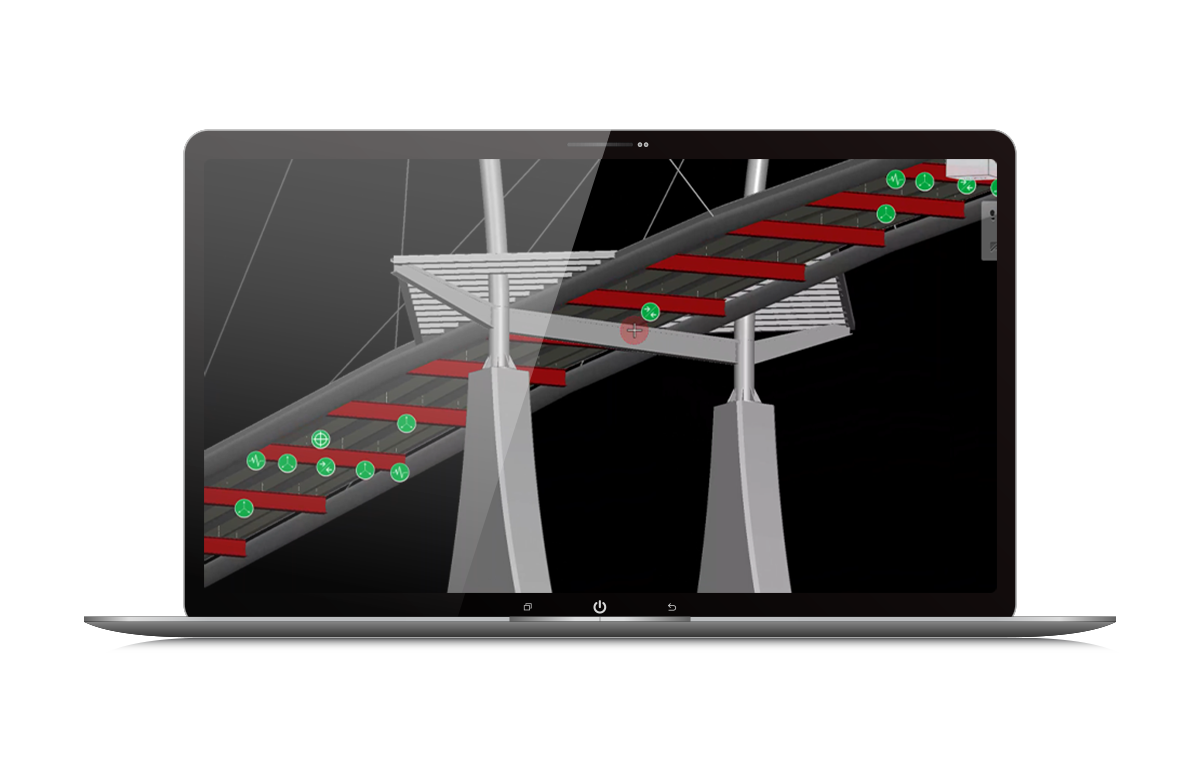 a computer generated rendering of a bridge with red and green digital highlights pin pointing important areas on the bridge