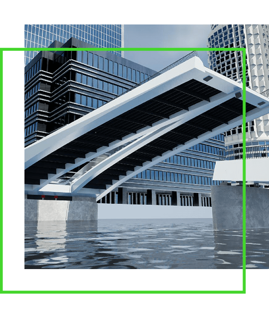 A 3d model of a bridge over a body of water. | Bentley Systems | Infrastructure Engineering Software Company A 3d model of a bridge over a body of water.