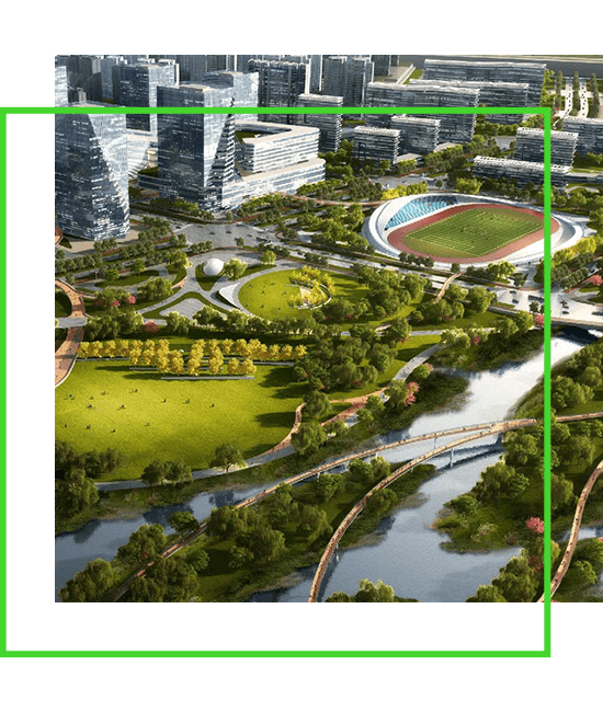 A rendering of an aerial view of a city with a park and a river. | Bentley Systems | Infrastructure Engineering Software Company A rendering of an aerial view of a city with a park and a river.