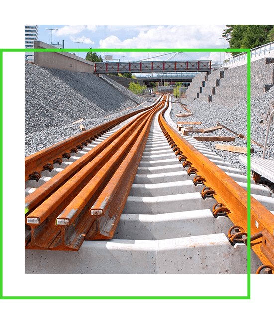 An image of a train track with a green frame. | Bentley Systems | Infrastructure Engineering Software Company An image of a train track with a green frame.