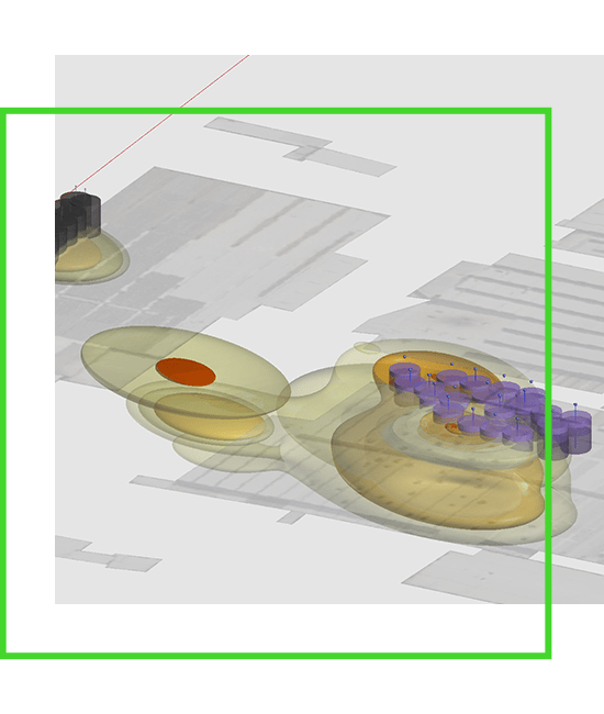 A 3d model of a building with a yellow circle in the middle. | Bentley Systems | Infrastructure Engineering Software Company A 3d model of a building with a yellow circle in the middle.