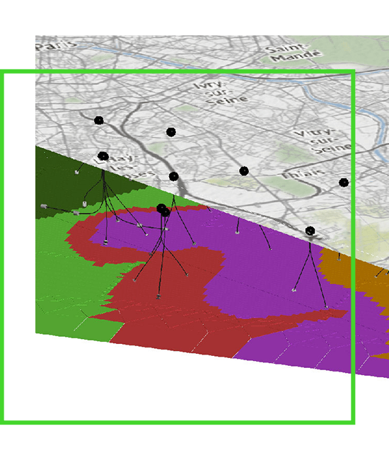 A map of a city with different colored dots on it. | Bentley Systems | Infrastructure Engineering Software Company A map of a city with different colored dots on it.