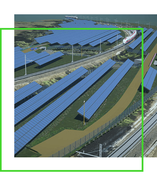An artist's rendering of solar panels next to a train track. | Bentley Systems | Infrastructure Engineering Software Company An artist's rendering of solar panels next to a train track.