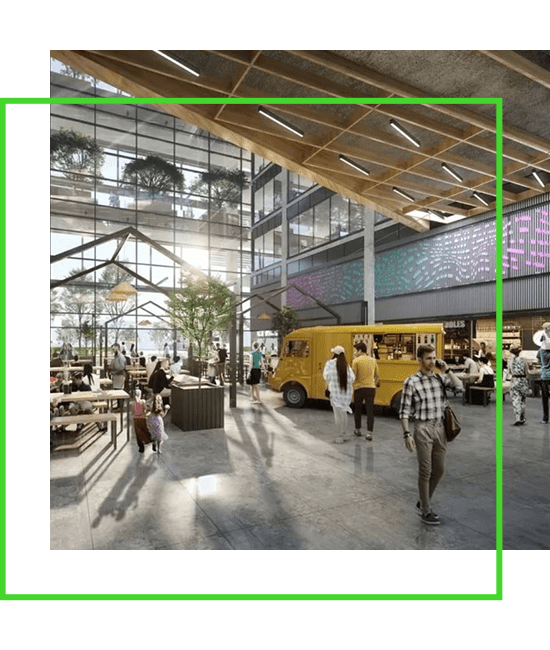 The interior of a shopping mall with people walking around. | Bentley Systems | Infrastructure Engineering Software Company The interior of a shopping mall with people walking around.
