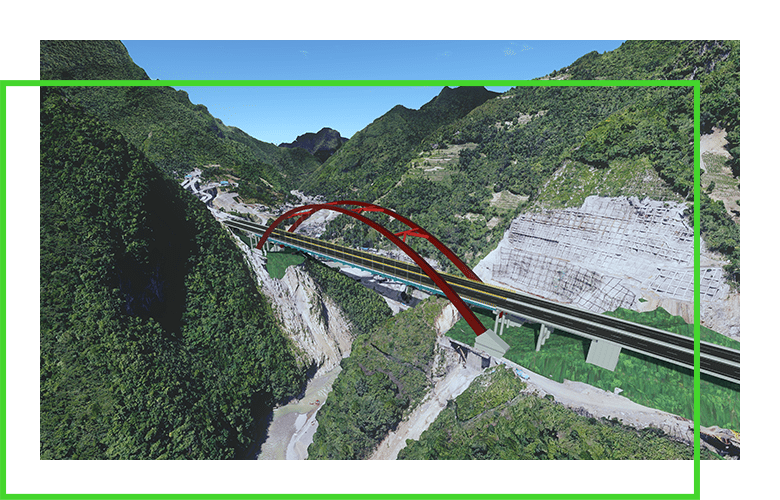 software rendering of highway bridge suspending over a gorge