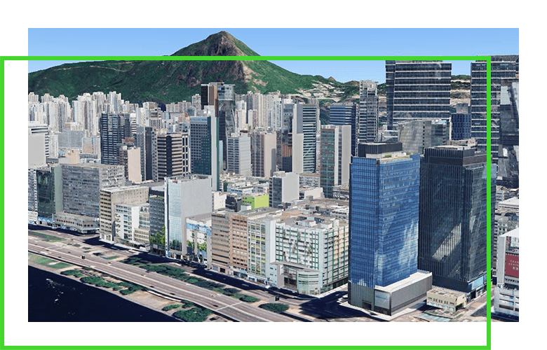 computer generated rendering of city skyline with mountains in the background